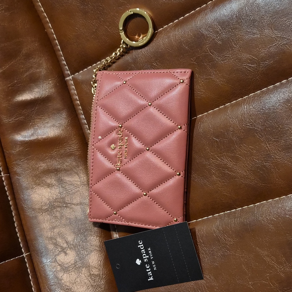 Kate Spade Pink Quilted & Gold Studded Key & Card Holder NWT